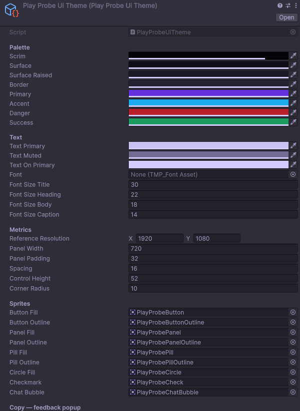 The PlayProbeUiTheme asset in the inspector