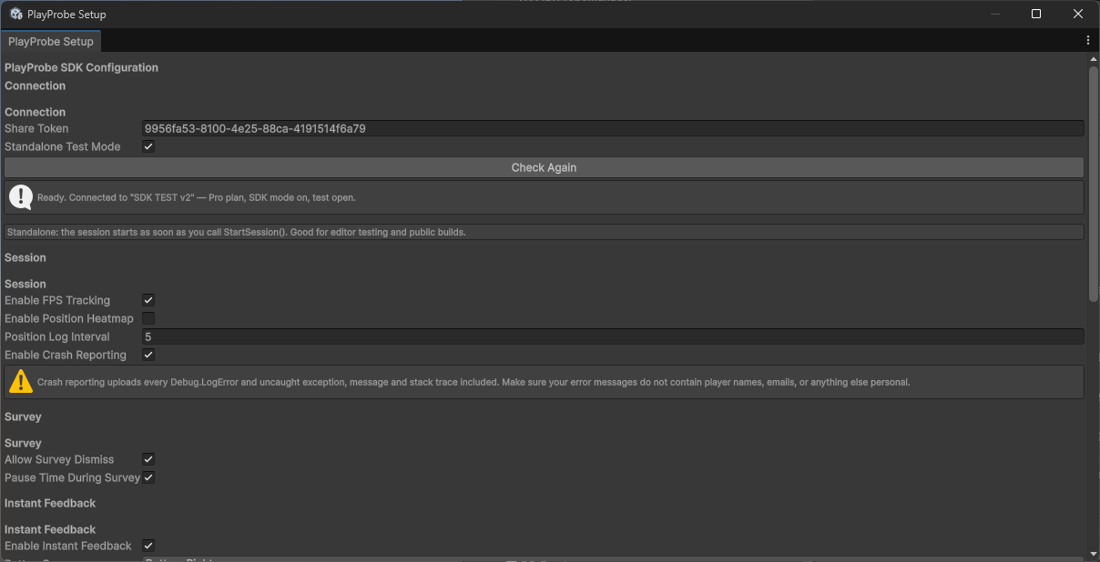 The PlayProbe Setup window with a verified token